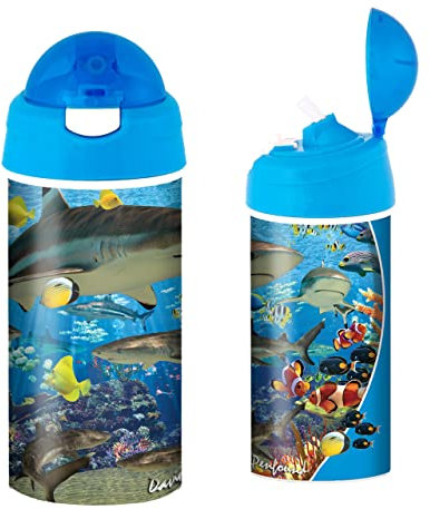 3D LiveLife Drinking Bottle - Shark Reef from Deluxebase. 3D Lenticular Ocean Water Bottle with Straw. 600ml kids drinks bottle with original artwork from renowned artist, David Penfound