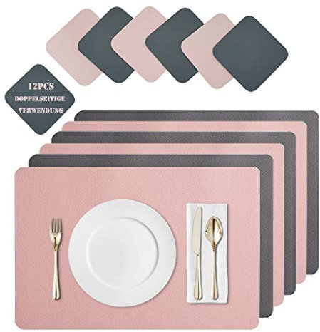JDkilp Abwischbar Leder Untersetzer und Platzset 6er Set abwaschbar doppelt verdickt 45 x 30 cm für Zuhause Küche Restaurant und Hotel (Rosa + Dunkelgrau)