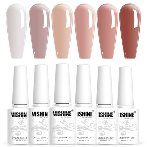 Vishine 6Pcs Gel Nail Polish Set Jelly Nude Neutral Skin Color Dusty Rose Maple Red Gel Polish Kit Semi-Transparent Nail Polish Fall Nail Gel UV LED Soak Off Home DIY 8ml