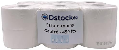 ESSUIE-MAINS GAUFRÉS BLANC - DÉVIDAGE CENTRAL OU EXTÉRIEUR - PURE OUATE - 450 FEUILLES - PAQUET DE 6 BOBINES - FABRICATION FRANÇAISE - ECOLABEL - DISTRIBUÉ PAR DSTOCK60