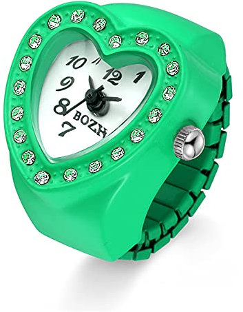 JewelryWe Damen Ringuhr Fingeruhr Analog Quarzuhr Elastisch Herz Ring Uhr Uhrenring für Mädchen Grün