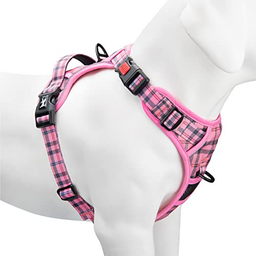 PoyPet No Pull Dog Harness, [Release on Neck] Reflective Adjustable No Choke Pet Vest with Front & Back 2 Leash Attachments, Soft Control Training Handle for Medium Dogs(Checkered Pink,M)