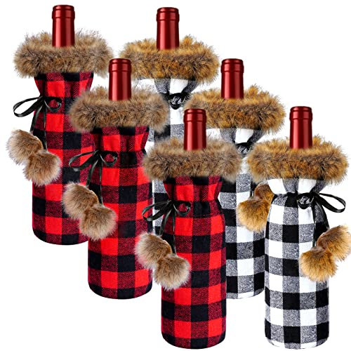 Jmkcoz Lot de 6 housses de bouteille de vin en fausse fourrure de buffle pour Noël ou fête (rouge, gris)
