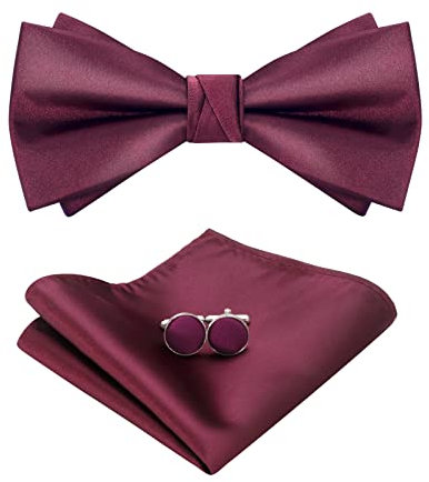 HOULIFE Fliege Herren Set - Verstellbare aus Satin Polyester Vorgebunden mit Einstecktuch, Manschettenknöpfe Set für Bräutigam Hochzeit Formal mit Geschenkbox