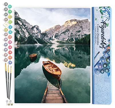 Figured'Art Malen Nach Zahlen Erwachsene Boot und Gebirgssee - Paint by Numbers Basteln DIY Bastelset 40x50cm ohne Holzrahmen