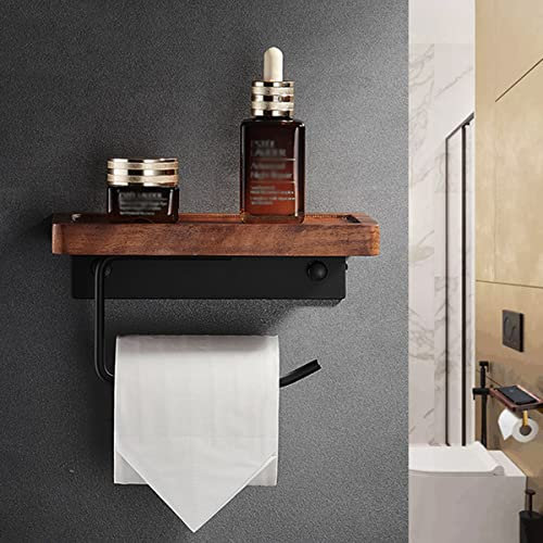 Wooden Toilet Roll Holder Wall Mounted Toilet Paper Roll Holders Black Toilet Paper Holder with Shelf for Bathroom Washroom Toilet Kitchen Toilet Roll Holders Adhesive or Drill Needed (A)
