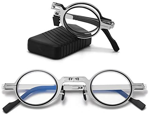 VEVESMUNDO Faltbar Lesebrille Metall Klappbar Rechteckig Klein Mini Klassisch Kompakte Sehhilfe Lesehilfe Brille Sehstärke mit Etui (+1.5, Runde)
