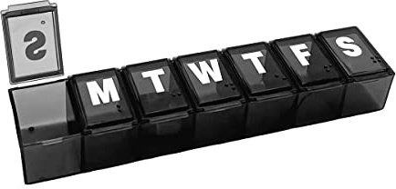 Amazon Basic Care Weekly (7-Day) Pill Organizer, Vitamin Planner, And Medicine Box, Medium Compartments, Black
