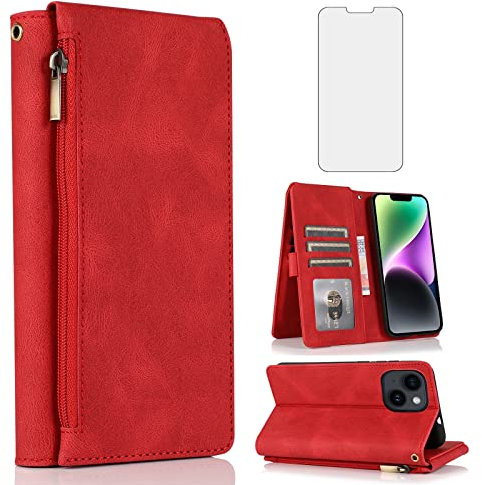 Compatible with iPhone 14 Plus 6.7 inch Wallet Case Tempered Glass Screen Protector Zipper Leather Flip Cover Card Holder Stand for i-Phone 14+ iPhone14Plus 5G i i14 + iPhone14 14Plus Women Men Red