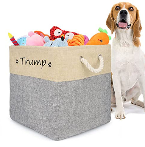 Cuperay Hundespielzeug Box mit Personalisierte Namen, Faltbare Spielzeugkiste mit Griffe, Quadratischen Korb Aufbewahrung für Die Organisation Von Lebensmitteln Kleidung und Hundezubehör(Beige Grau)