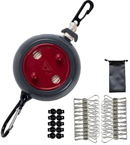 QeeHeng Corde à Linge de Voyage Portable, réglable de 10 m, Corde à Linge de Camping, Corde à Linge pour extérieur/intérieur, buanderie, 20 Pinces à Linge Coupe-Vent et 10 Bouchons
