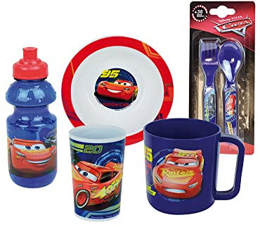 DISNEY CARS LOT AVEC VERRE 220ML, BOL Ø 16 CM, SET DE 2 COUVERTS H.19 CM, GOURDE 350ML ET MUG 350 ML POUR ENFANT
