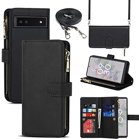 CAVOR Handykette Google Pixel 6A Hülle Mit Band,Flip Leder Geldbörse Handyhülle,[Mit 9 Kartenfach][Reißverschluss],Schutzhülle Klapphülle Handyhülle für Google Pixel 6A - Schwarz