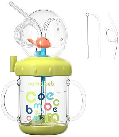 SUNYBRIG Cantimplora con pajita para niños, vaso para bebé, a prueba de fugas, taza con pico sin BPA, con asas, vaso para bebé, con salpicaduras de ballenas, a partir de 1 año, 220 ml