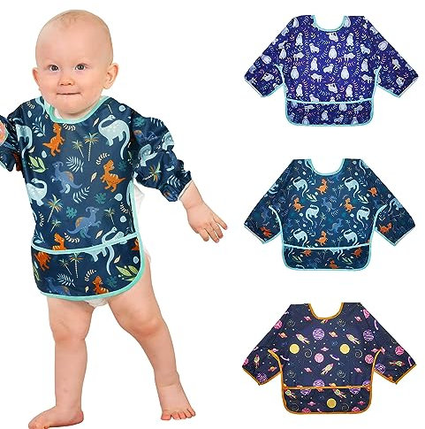 Lictin Lätzchen Baby 3pcs, Lätzchen mit Ärmeln Wasserdicht, Lätzchen mit Auffangschale 6-24 Monaten, Babylätzchen zum Essen Spielen, Baby Lätzchen für Jungen, Marineblau