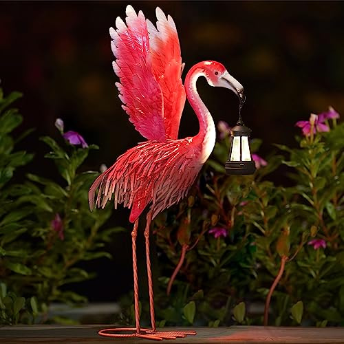 Goodeco Statue De Flamant Rose En Métal Pour Décoration De Jardin Avec Lanterne Solaire Pour Cour, Patio, Cadeaux De Jardinage, Cadeau Flamant Rose Parfait Pour Femmes, Maman, Grand-Mère, Amie