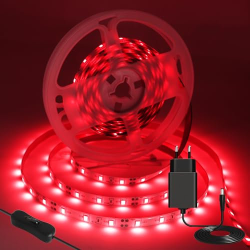 iNextStation Striscia LED Rosso 5M, 12V SMD2835 Nastro LED con Adattatore e Interruttore, Tagliabile Flessibile IP65 Impermeabile Strisce Luci LED per Camera da Letto, Casa, Cucina, Feste