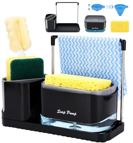 Distributeur Liquide Vaisselle Noir, Distributeur de Savon Liquide avec Porte-éponge 4 en 1 pour Évier de Cuisine Bains