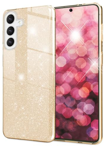 NALIA Glitzerhülle für Samsung Galaxy S24 - Hülle, Goldstaub | Partikel fest im Material eingeschlossen, 3-Schicht-Schutzaufbau mit Hardcase-Kern, Erhöhter Kamerarand, SHINEPOP