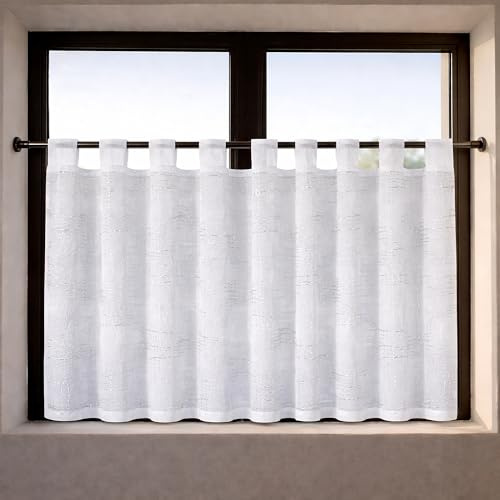 Happy Home Scheibengardine Henry Weiß Silber 145x50 cm – Moderne Bistrogardine mit abstraktem Muster – Halbtransparente Kurzgardine mit Schlaufen – Sichtschutz für Küche & Bad