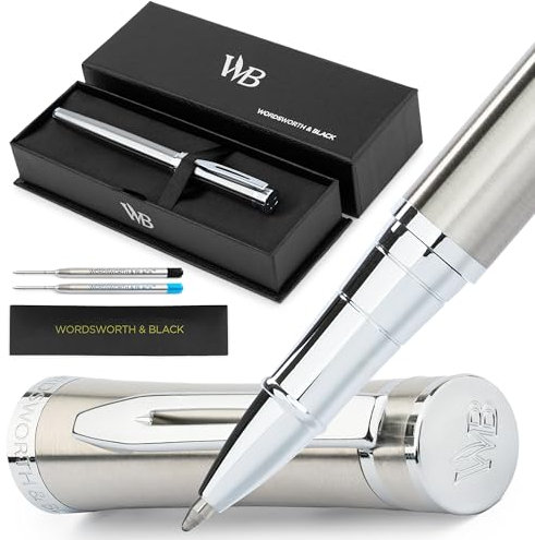 Wordsworth and Black Rollerball Pen - Luxury Pen - Chrome Finish, Silver Lacquer, Ink Refill, Refillable Gift for Men & Women, Professional Writing, Nice and Fancy Pens and for Work