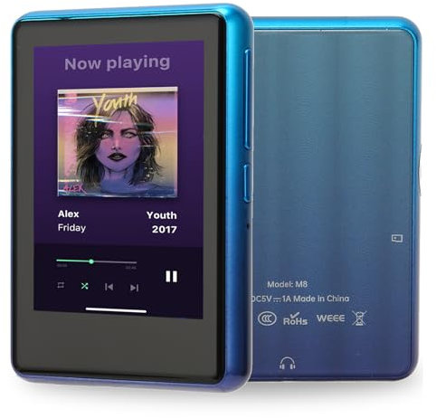 Lettore MP3, BT 5.0 256GB Lettore Musicale Full Touch Screen TFT da 2,4 Pollici, con Cuffie Cablate, per Windows 98 ME 2K XP Vista 7, per OSX 10 (BLUE)