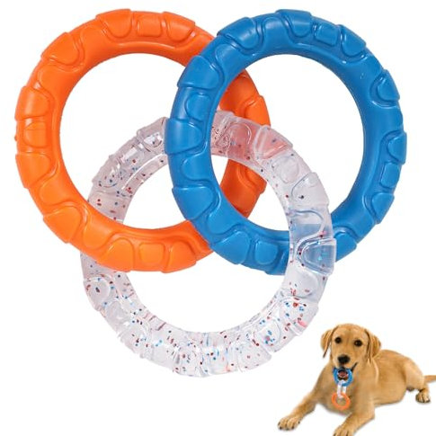 Duuclume TPR 3-Ring Tug Dog Toy, Sturdy & Water Resistant Dog Chew Toy for Pets Training Teething, Interactive Fetch Toy for Puppy Small Medium Large Breeds Aggressive Chewers (Orange & Blue)