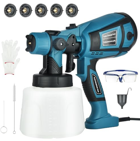 Pistola a vernice 800 W 1400 ml: pistola per pittura elettrica con 5 ugelli in rame e 3 motivi - Pistola elettrica HVLP per interni ed esterni di casa, armadi, recinzioni, soffitti (blu)