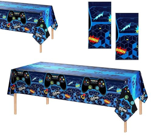 KARELLS Mantel Tema de Videojuegos,Mantel de Fiesta de Videojuegos,2pc Manteles de Mesa para Fiestas Infantiles,Manteles de Fiesta de Videojuegos,Tema de Juegos, Impermeable desechable,Azul