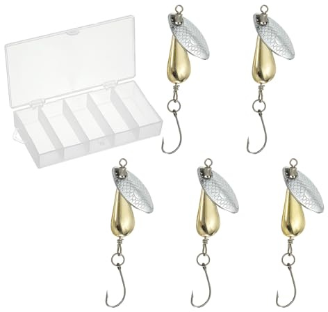 PATIKIL Angelspinner 1/4 Unze 5er Pack Einzelhaken Forellenköder Tränenförmige Angelköder Inline Spinner Mit Tackle Boxen Für Süßwasser Und Salzwasserangeln Goldton