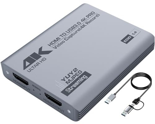 4K HDMI Video Capture Card with Loop-Out, USB 3.0, 1080P 60FPS/2K 30FPS, Audio & Video Streaming Capture Device for PS5, Switch, Camera, PC, Compatible with OBS