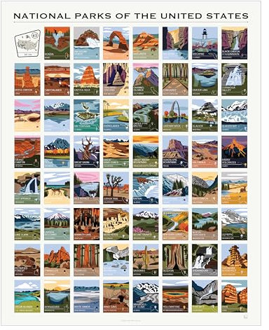Pop-Chart-Kunstposter, Nationalparks der Vereinigten Staaten, 40,6 x 50,8 cm, alle 63 Nationalparks illustriert auf einem einzigen Poster, hergestellt in den USA