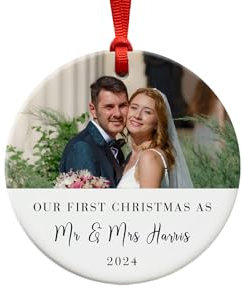 Our First Christmas as Mr and Mrs Ornament with Photo - Ceramic Christmas Tree Decoration 2024
