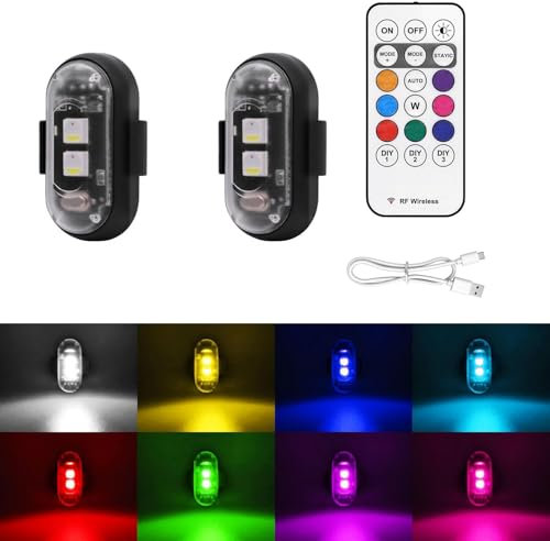 Drahtloses Auto LED Blitzlichter mit Fernbedienung, Kabellose LED Blitzleuchte mit Hoher Helligkeit, 8 Farben LED-Antikollisionslichter, Blinklichter für Motorrad, Drohne (2Stück)