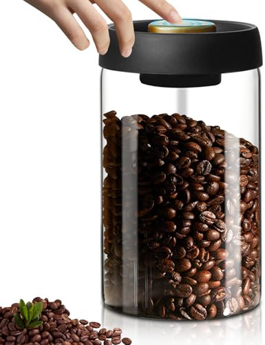 LEKEFETO Barattolo per caffè con coperchio sottovuoto: barattolo di vetro da 1200 ml con coperchio nero, conservazione sostenibile, contenitore per caffè sottovuoto, ermetico per tè, noci, cacao