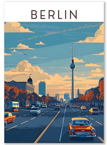 Happymotive Städteposter | Berlin Retro Poster Vintage | Schlafzimmer Deko Bild im Hochformat | Bilder Wohnzimmer | Kunstdrucke in A2 40x60, A3 30x40, A4 20x30 300g Papier ohne Rahmen