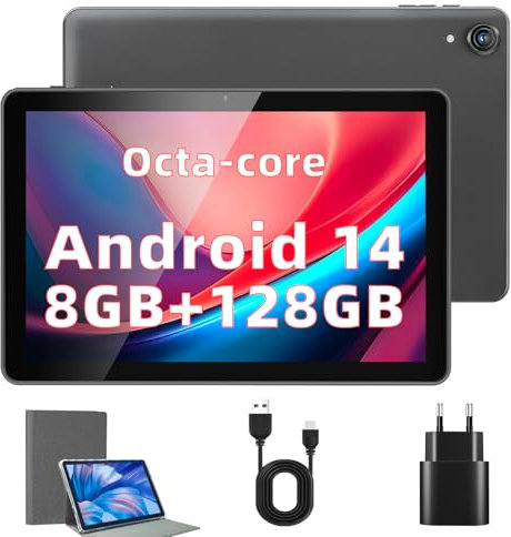 Rebecco Tableta 10 Pulgadas Android 14, Tableta Android Octa Core 1280 * 800 IPS HD, 8 GB de RAM + 128 GB de ROM (expandible hasta 1 TB), CPU Unisoc A523, WiFi 5G/2.4G, cámara de 5 MP + 8 MP