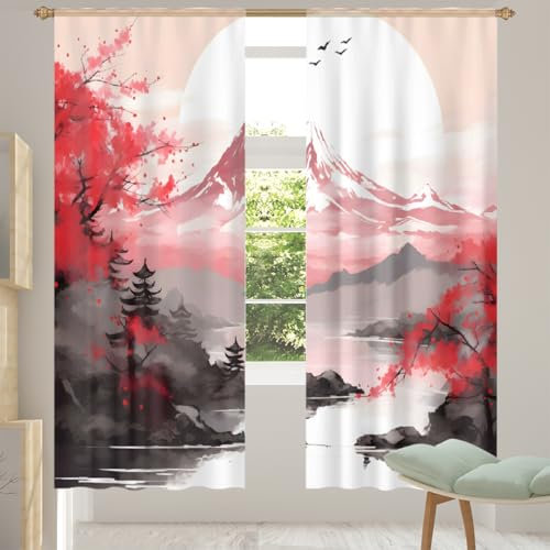 Mexpekil Lot de 2 rideaux semi-transparents en voile japonais Fuji Moutain Lake Scence 213 cm de long pour salon, chambre à coucher, cuisine, 140 cm de large