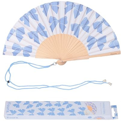 FISURA – Holzfächer mit dekorativer Schleifenmusterung. Stilvolles, modernes Accessoire, tragbarer Blauer Handventilator mit praktischem Aufhänger. Maße: 42,5 x 23 cm