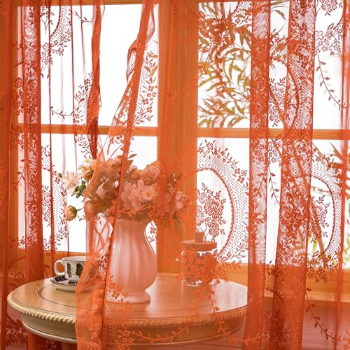 Orange Spitzenvorhänge für Wohnzimmer, 213 cm lang, 2 Paneele Set, Boho-Vorhänge mit floraler Spitze, Vintage-Blumen, Stangentasche, 132 x 213 cm