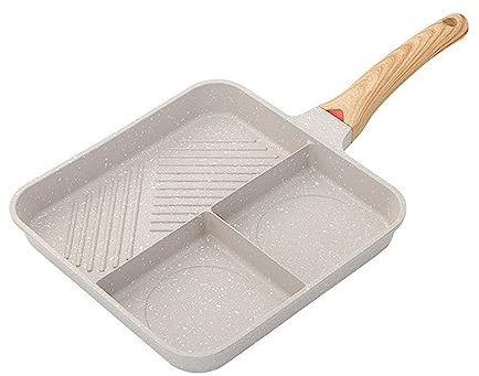 Vynetra Sartén de aleación de aluminio tres en uno, antiadherente, ideal para cocinar desayuno, filete, parrilla dividida, olla de carne para desayuno, huevo frito, olla multifuncional, utensilios de