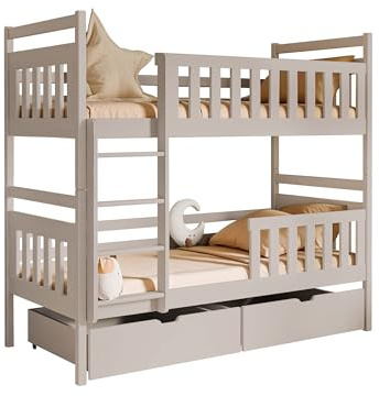 Etagenbett Monik, 2 in 1, Hochbett mit 2 Schubladen, Kinderbett mit Lattenrost, Stockbett, Bettrahmen aus Kiefernholz, Farbauswahl, Kinderzimmer (Cashmere, 80 x 180 cm)