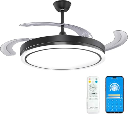 OstarkDom Ventilatore da soffitto LED con pale retrattili e telecomando, 66 W (30 W motore DC + 36 W luce LED 2880 LM), luce CCT regolabile 3000 K/4000 K/6000 K, funzione estate/inverno - colore nero