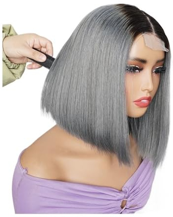 2 x 4 Lace-Front-Perücken aus Echthaar ohne Klebstoff, 300 Dichte, kurze, glatte Bob-Perücken for Frauen Fügt Haarvolumen hinzu(Grey,10inch)
