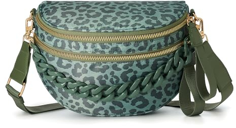 Spacious Checkered Nylon Crossbody Bag Bum Bag Checkered Handbags Wallets with Personalized Chain for Women, Chain - Pea Green Leopard, 5.3 liters, Stylish