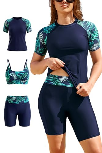 SHEKINI Womens 3-Piece Rash Guard Set Swimwear UPF50+ Blue Print 02,L