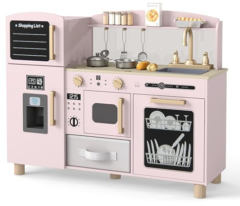 COSTWAY Wooden Kids Kitchen, Toddler Pretend Play Kitchen with Ice Maker, Sink, Blackboard & Acrylic Board, Utensils, Children Chef Role Playset for Boys Girls (Pink)