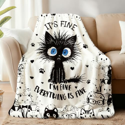 WADORN Lustige Katzen Wohndecke, Kuschelig Weiche Und Niedliche It's Fine Kätzchendecke Flauschigem Flanell Fleece Katzenliebhaberinnen Geschenk Für Büro Sofa Bett Oder Couch 150x130cm
