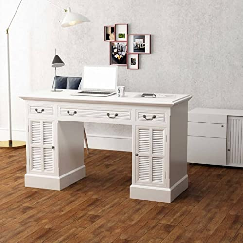 Schreibtisch Sekretär Weiß 140x48x80cm, Holz Computer Desk mit 3 Schubladen, 2 Schrankfächern, Home Office Desks für Arbeitszimmer, Desk with Storage