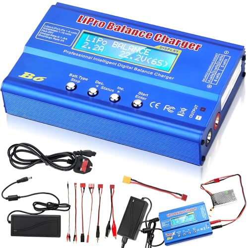 BIZOI Lipo Battery Charger, 80W 6A RC Battery Charger with Power Cord and AC Power Adapter, Digital LCD Lipo Balance Charger Digital Charger for LiPo Li-ion NiCd Pb NiMH LiFe Battery